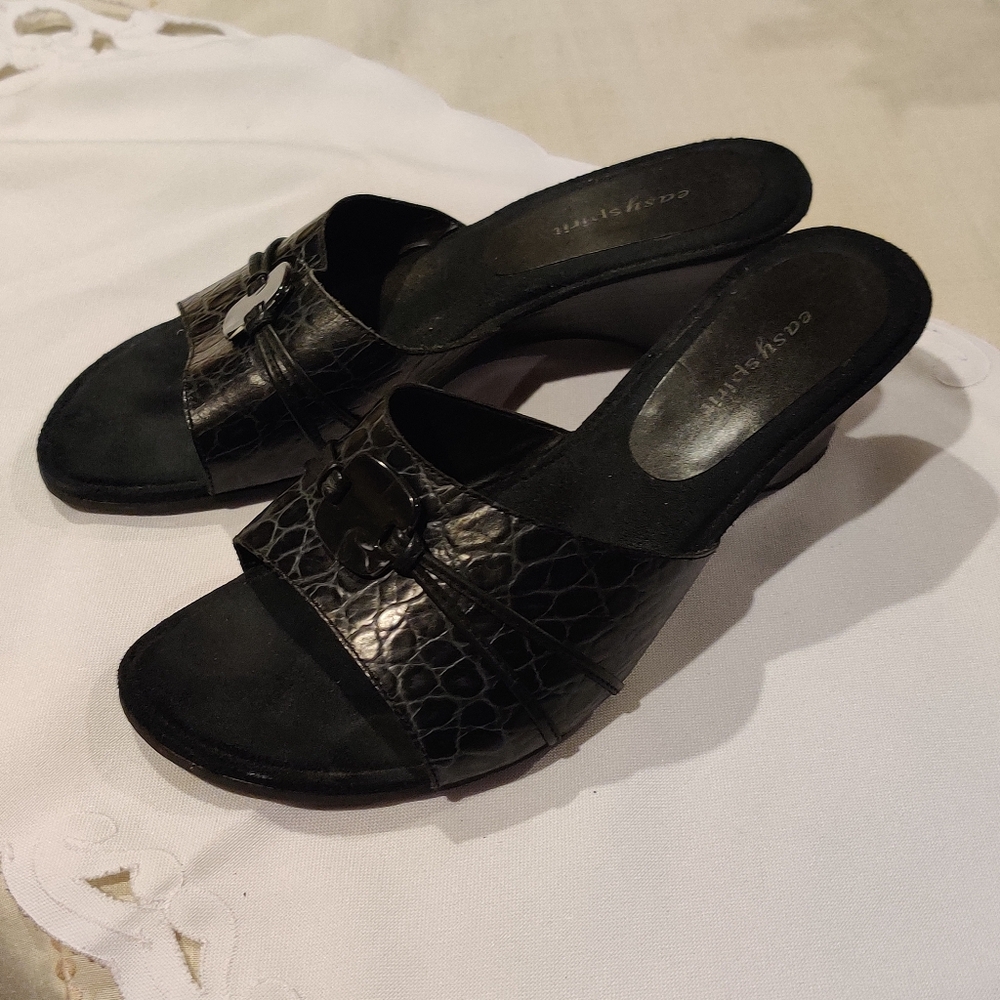 Black Pebbled Leather Easy Spirit Wedge Sandal Size 8.5w